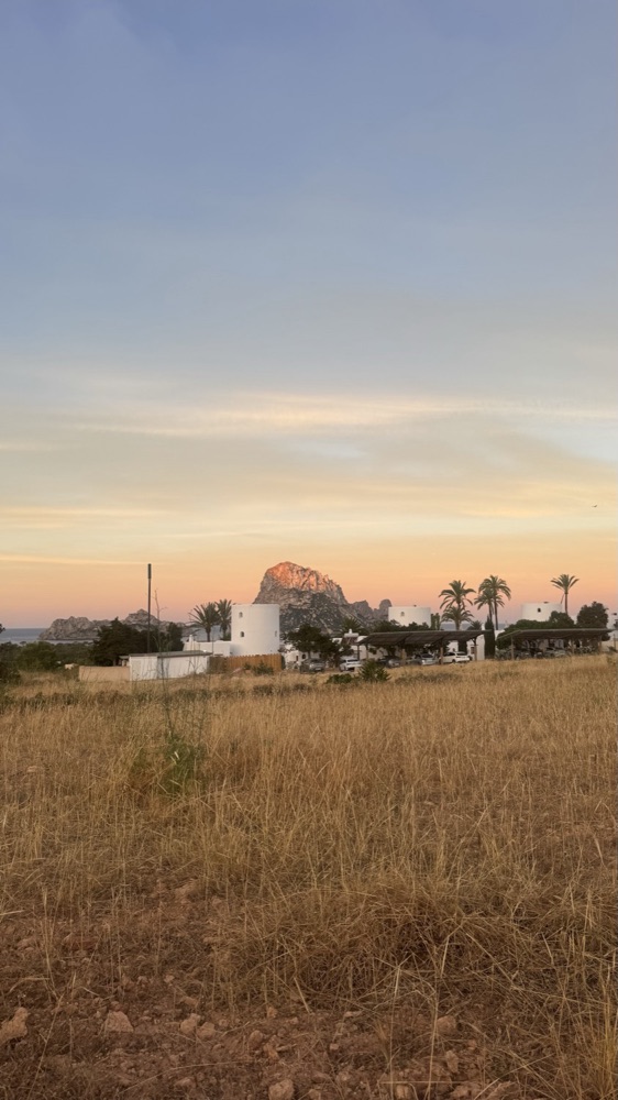 Es Vedra glowing pink at sunset in Ibiza